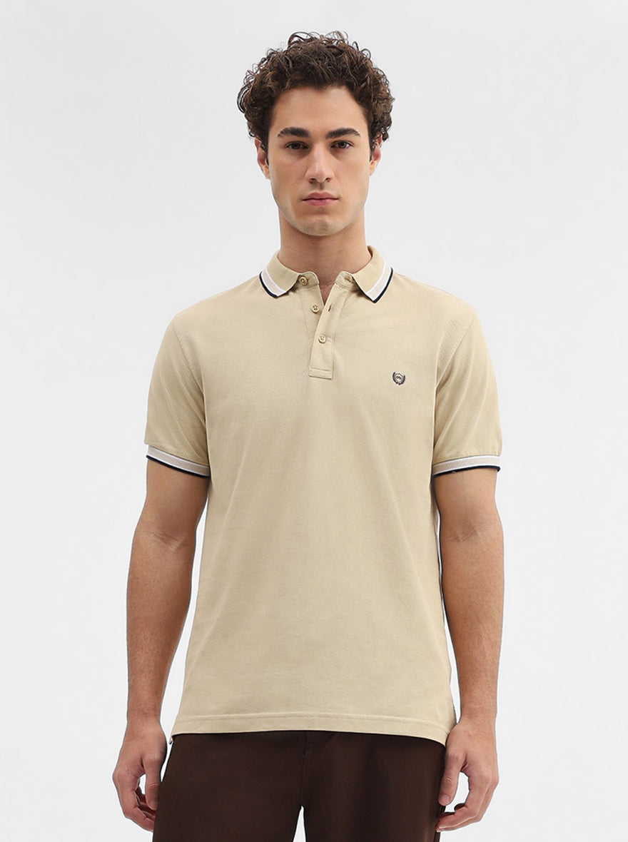 Khaki Solid Slim Fit Polo T-Shirt | JadeBlue