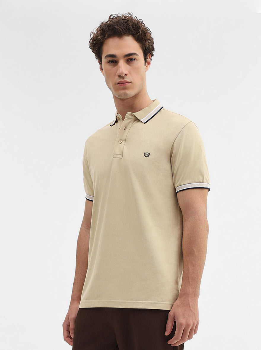 Khaki Solid Slim Fit Polo T-Shirt | JadeBlue