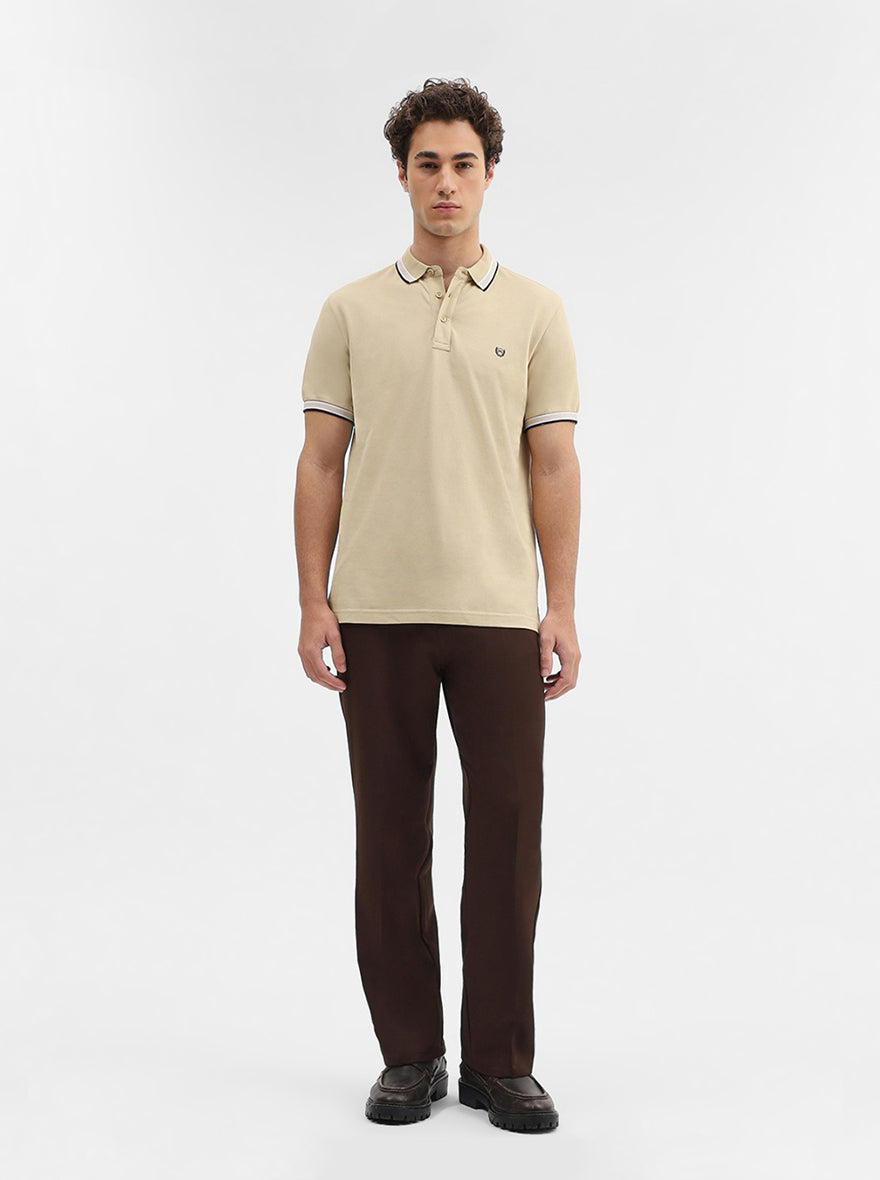 Khaki Solid Slim Fit Polo T-Shirt | JadeBlue