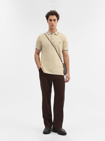 Khaki Solid Slim Fit Polo T-Shirt | JadeBlue