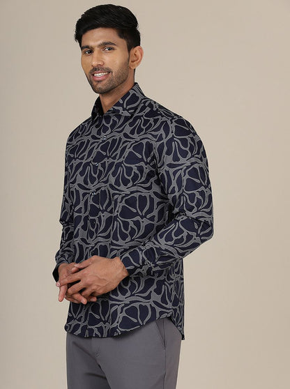 Navy Blue Printed Slim Fit Party Wear Shirt | Greenfibre