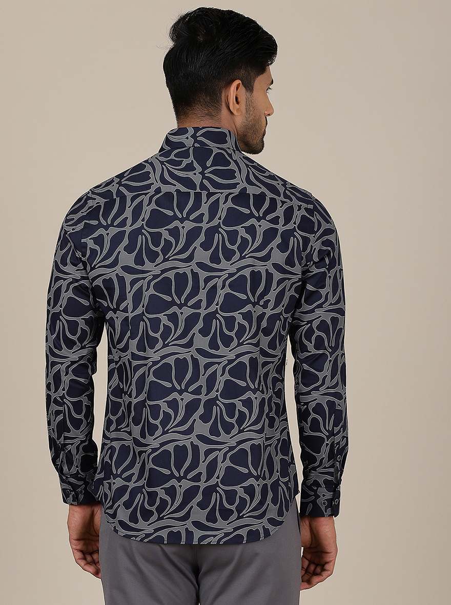 Navy Blue Printed Slim Fit Party Wear Shirt | Greenfibre