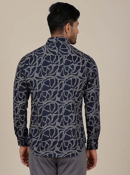 Navy Blue Printed Slim Fit Party Wear Shirt | Greenfibre