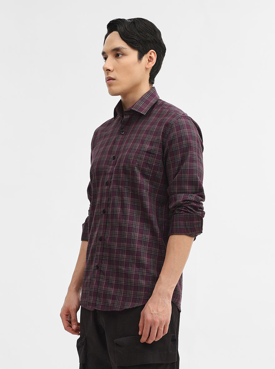 Violet Purple Checked Tailored Fit Semi Casual Shirt | Greenfibre