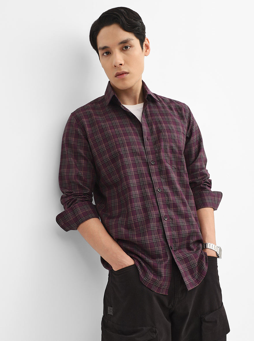 Violet Purple Checked Tailored Fit Semi Casual Shirt | Greenfibre