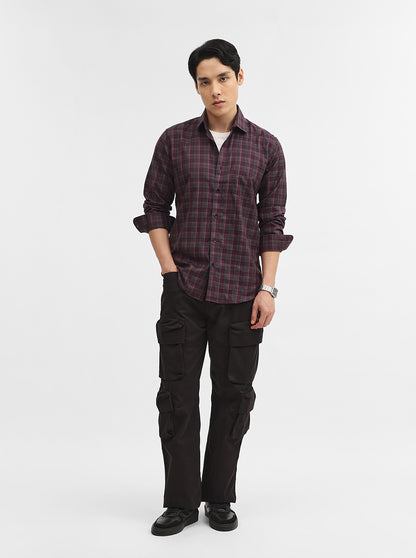 Violet Purple Checked Tailored Fit Semi Casual Shirt | Greenfibre