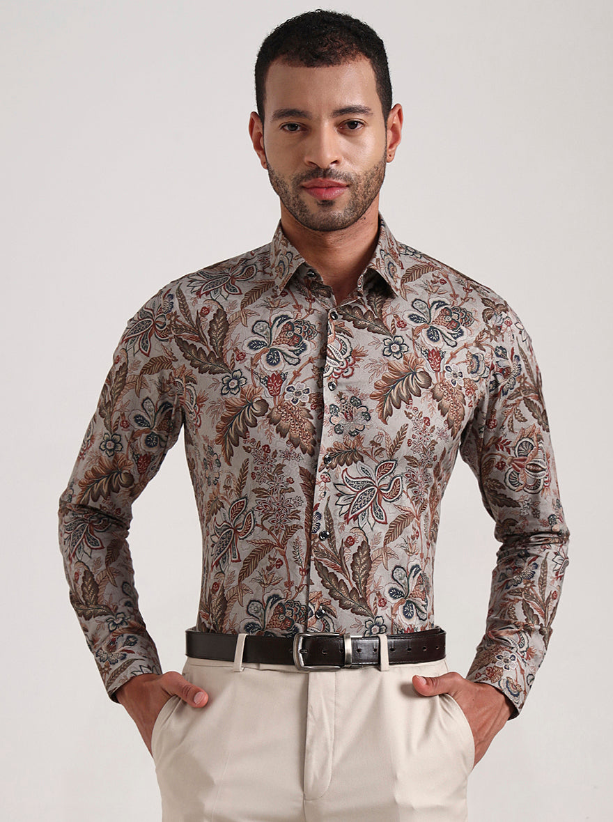 Grey & Base Printed Slim Fit Party Wear Shirt | Wyre