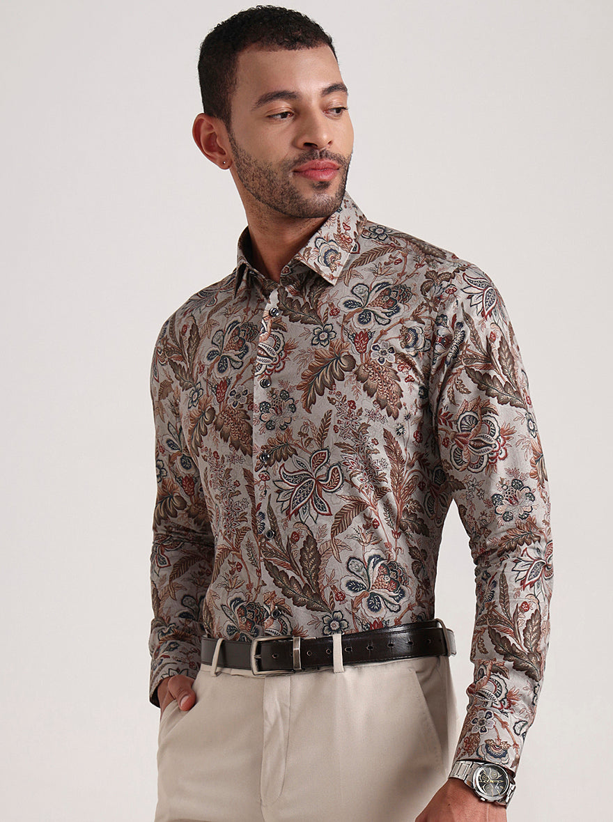 Grey & Base Printed Slim Fit Party Wear Shirt | Wyre