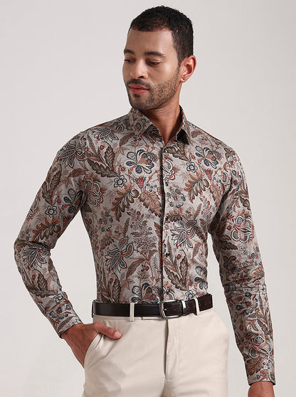 Grey & Base Printed Slim Fit Party Wear Shirt | Wyre