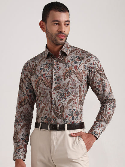 Grey & Base Printed Slim Fit Party Wear Shirt | Wyre