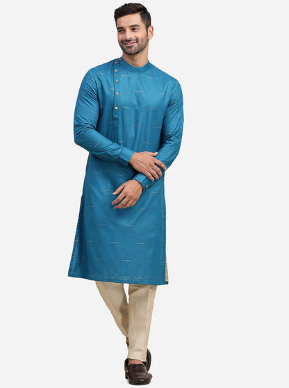Blue Cotton Blend Self Design Kurta | The Kurta Company