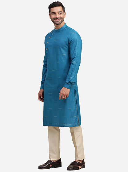 Blue Cotton Blend Self Design Kurta | The Kurta Company