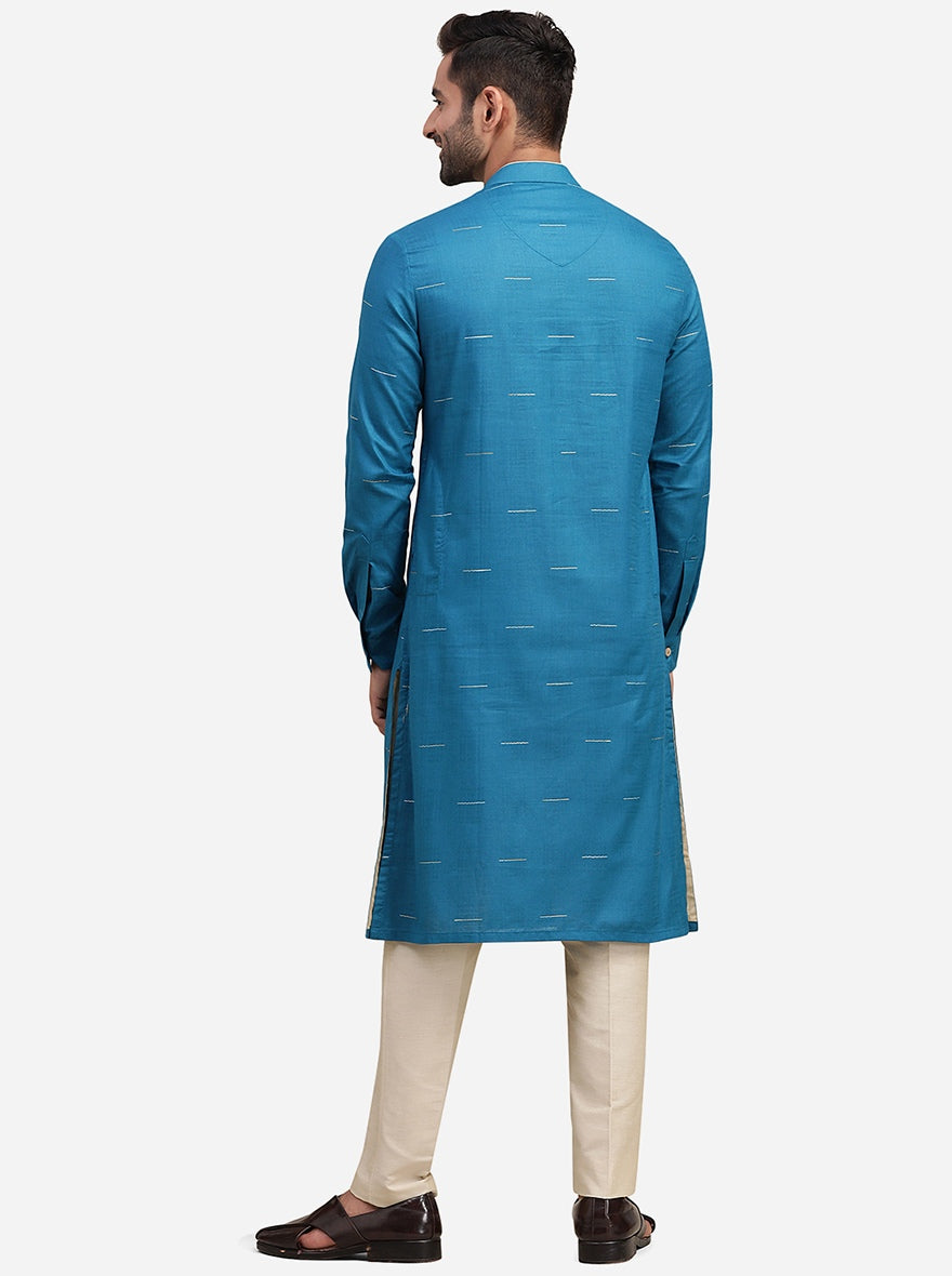 Blue Cotton Blend Self Design Kurta | The Kurta Company