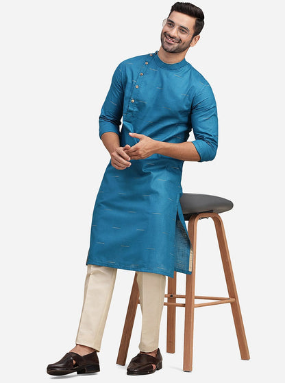 Blue Cotton Blend Self Design Kurta | The Kurta Company