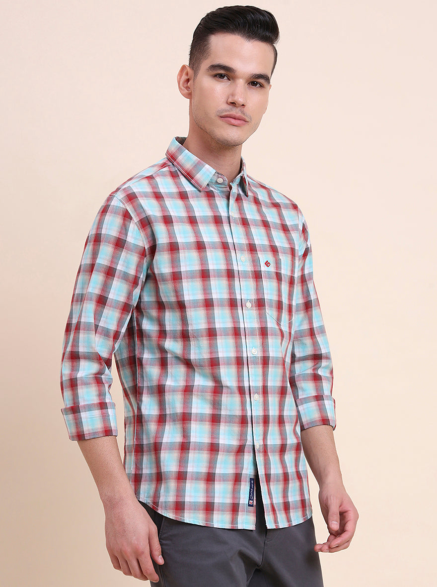 Red Checked Slim Fit Casual Shirt | Greenfibre