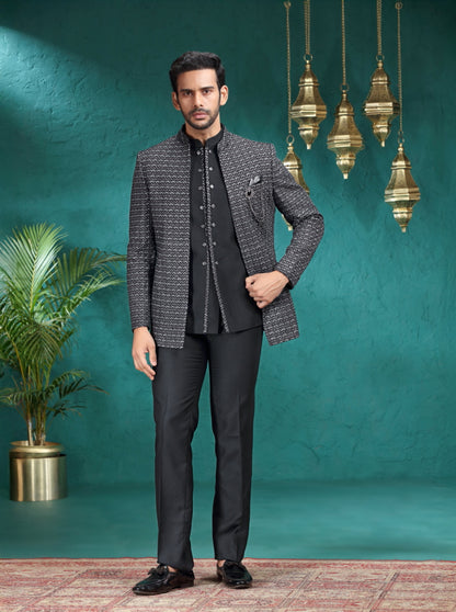 Black Self Design Jodhpuri Suit | JadeBlue