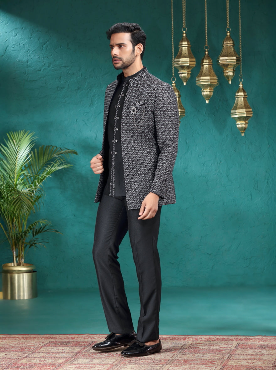 Black Self Design Jodhpuri Suit | JadeBlue