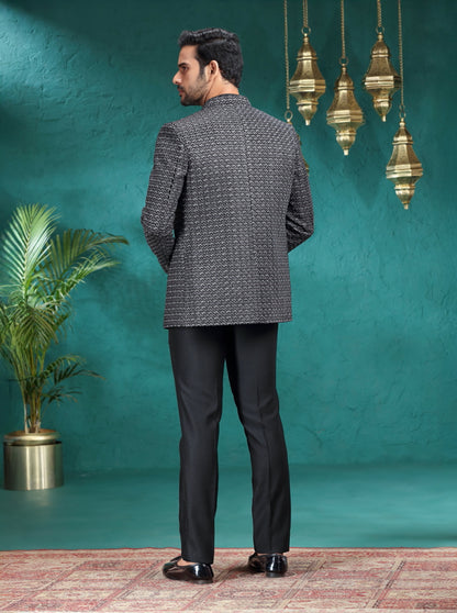 Black Self Design Jodhpuri Suit | JadeBlue
