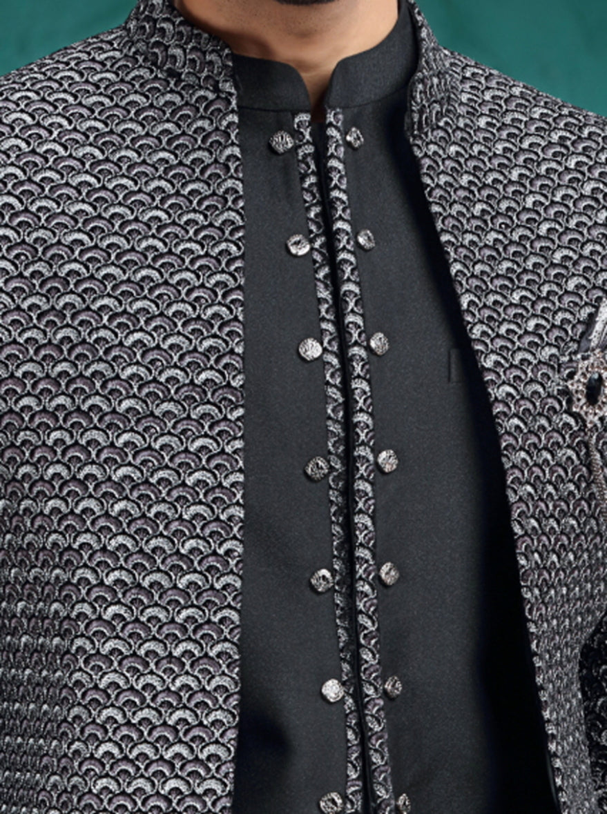 Black Self Design Jodhpuri Suit | JadeBlue