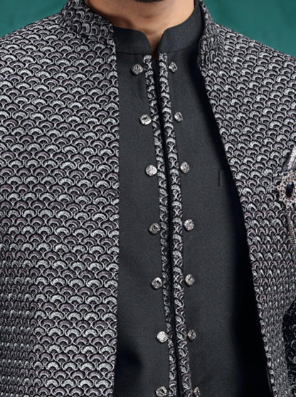 Black Self Design Jodhpuri Suit | JadeBlue