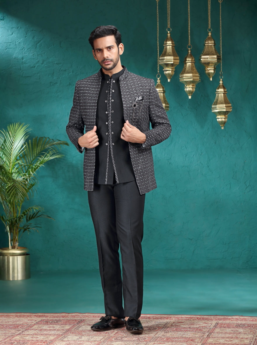 Black Self Design Jodhpuri Suit | JadeBlue
