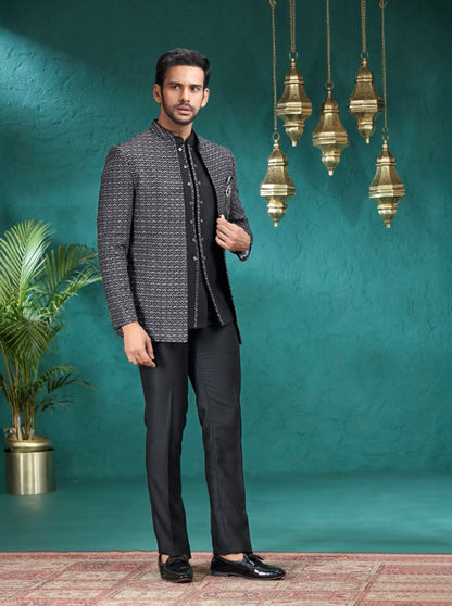Black Self Design Jodhpuri Suit | JadeBlue