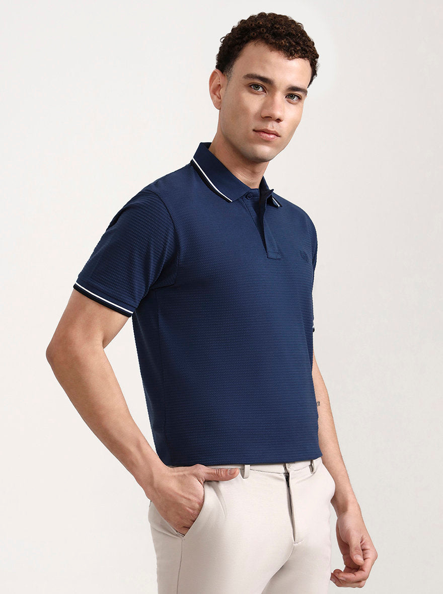 Denim Blue Solid Slim Fit Polo T-Shirt | Greenfibre