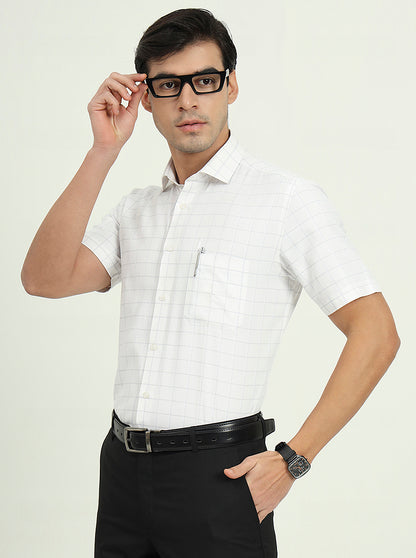 Grey & White Checked Regular Fit Formal Shirt | Greenfibre