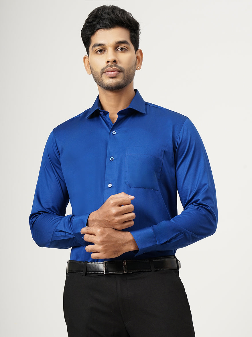 Blue Solid Slim Fit Formal Shirt | Metal