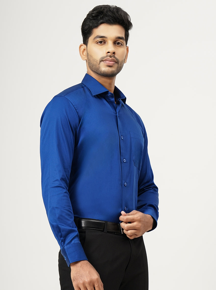 Blue Solid Slim Fit Formal Shirt | Metal