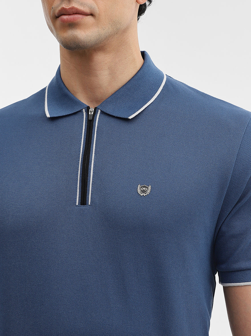 Denim Blue Solid Slim Fit Polo T-Shirt | JadeBlue