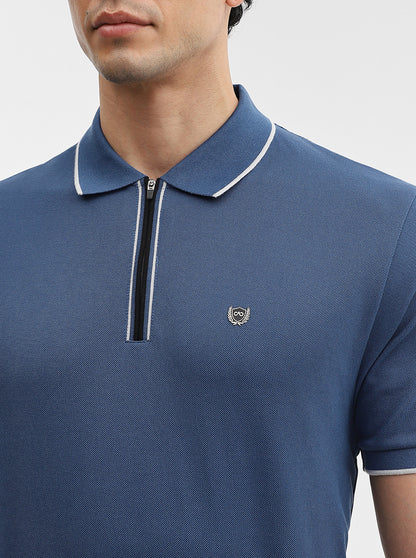Denim Blue Solid Slim Fit Polo T-Shirt | JadeBlue