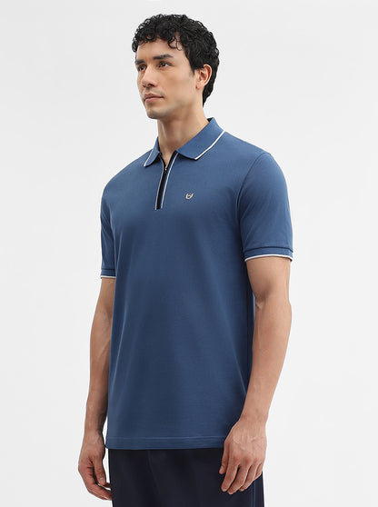 Denim Blue Solid Slim Fit Polo T-Shirt | JadeBlue