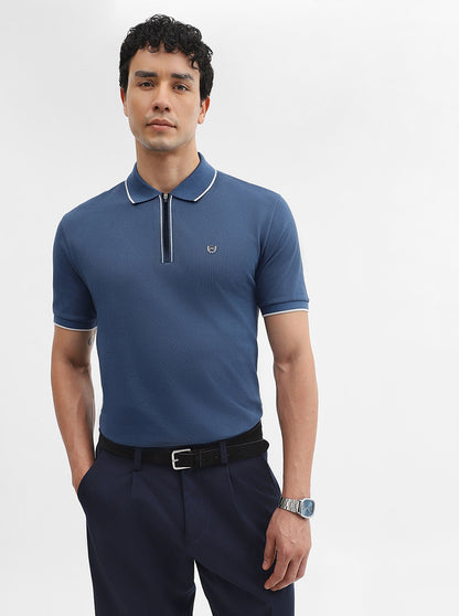 Denim Blue Solid Slim Fit Polo T-Shirt | JadeBlue