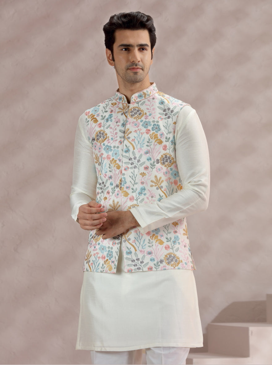 White-Multi Embroidered Bandhgala Jacket | TULA