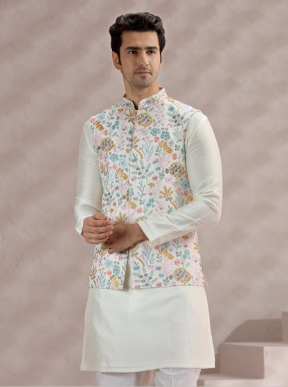 White-Multi Embroidered Bandhgala Jacket | TULA