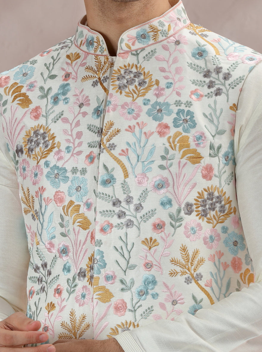 White-Multi Embroidered Bandhgala Jacket | TULA