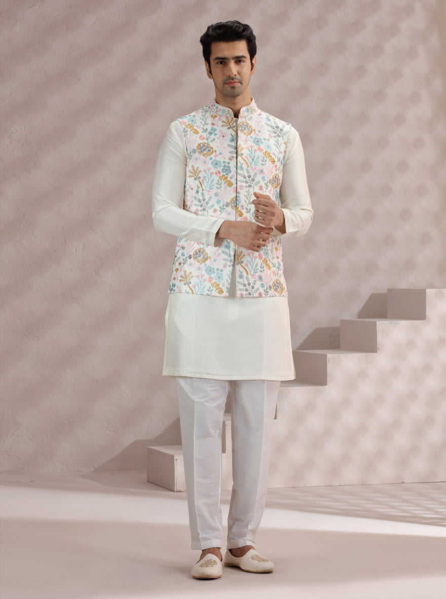 White-Multi Embroidered Bandhgala Jacket | TULA