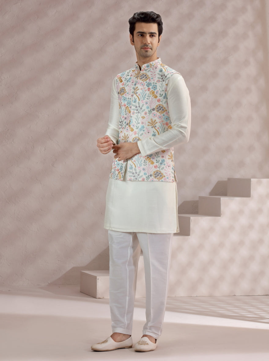 White-Multi Embroidered Bandhgala Jacket | TULA