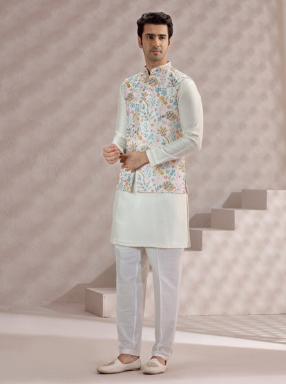 White-Multi Embroidered Bandhgala Jacket | TULA