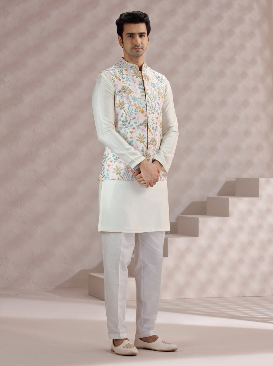 White-Multi Embroidered Bandhgala Jacket | TULA