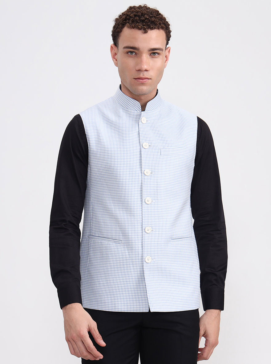 White & Blue Checked Regular Fit Modi Jacket | JadeBlue