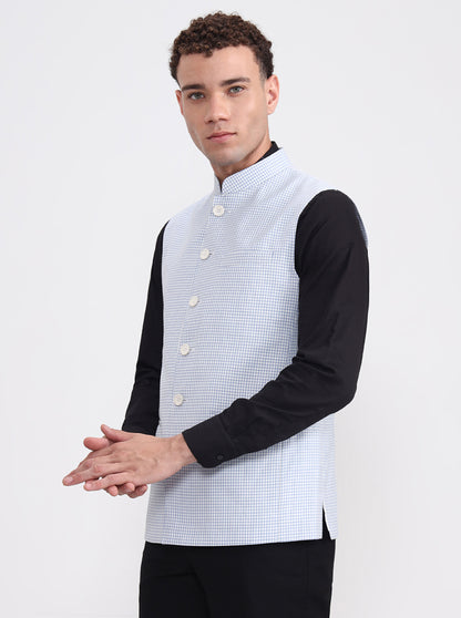 White & Blue Checked Regular Fit Modi Jacket | JadeBlue