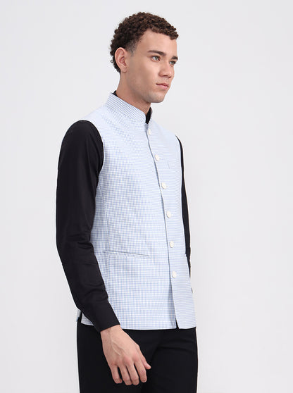 White & Blue Checked Regular Fit Modi Jacket | JadeBlue