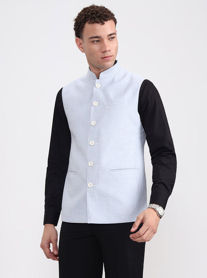 White & Blue Checked Regular Fit Modi Jacket | JadeBlue