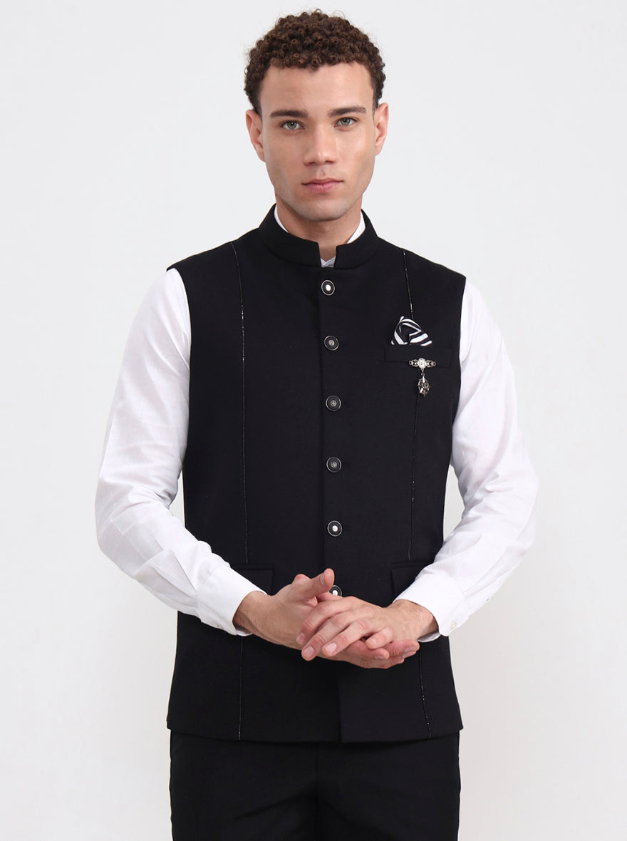 Black Solid Regular Fit Waistcoat  | Wyre