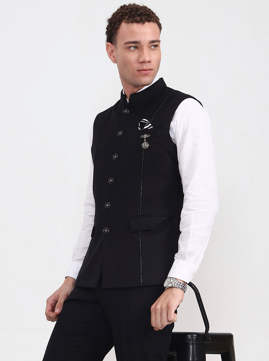 Black Solid Regular Fit Waistcoat  | Wyre