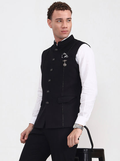Black Solid Regular Fit Waistcoat  | Wyre