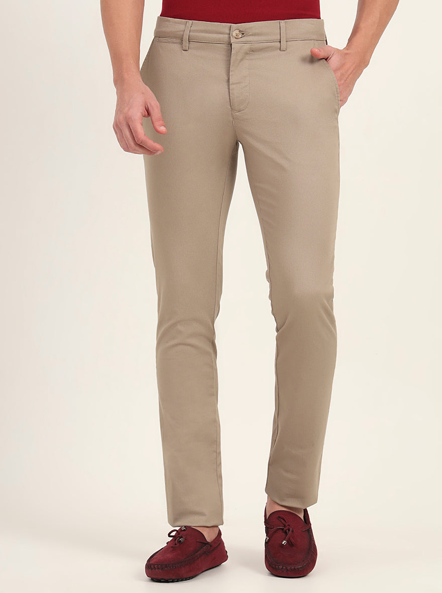 Khaki Solid Super Slim Fit Casual Trouser | Greenfibre