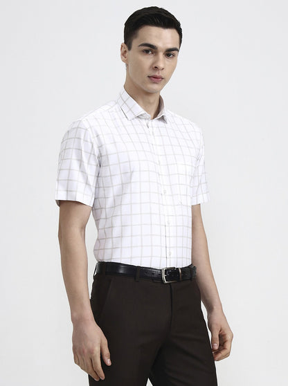 White & Beige Checked Regular Fit Formal Shirt | Greenfibre